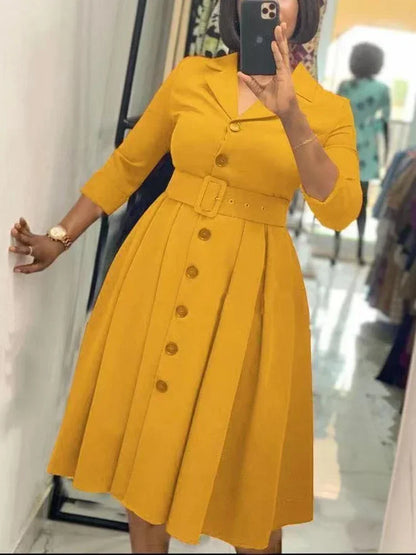 Elegant Women Office Dress Long Sleeve Button Down Belted Midi