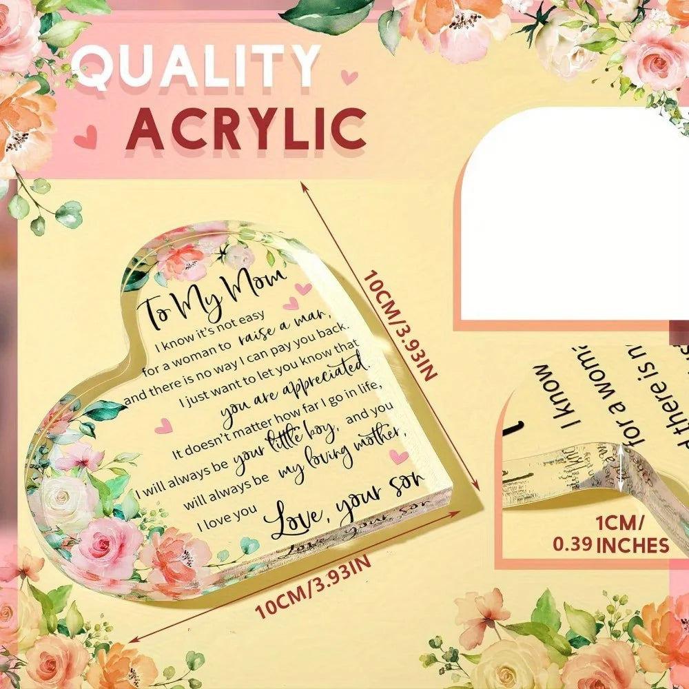 Mom Acrylic Heart Plaque: Birthday/Mother's Day/Christmas/Valentine's Gift from Son/Daughter. Thoughtful, Shows Gratitude