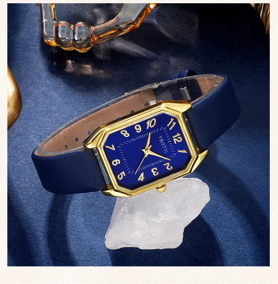 Luxury Fashion Square Women's Watches Brand Ladies Quartz Wristwatch Classic Simple Femme Blue Leather Band Relogio Feminino