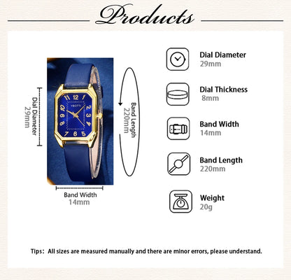 Luxury Fashion Square Women's Watches Brand Ladies Quartz Wristwatch Classic Simple Femme Blue Leather Band Relogio Feminino