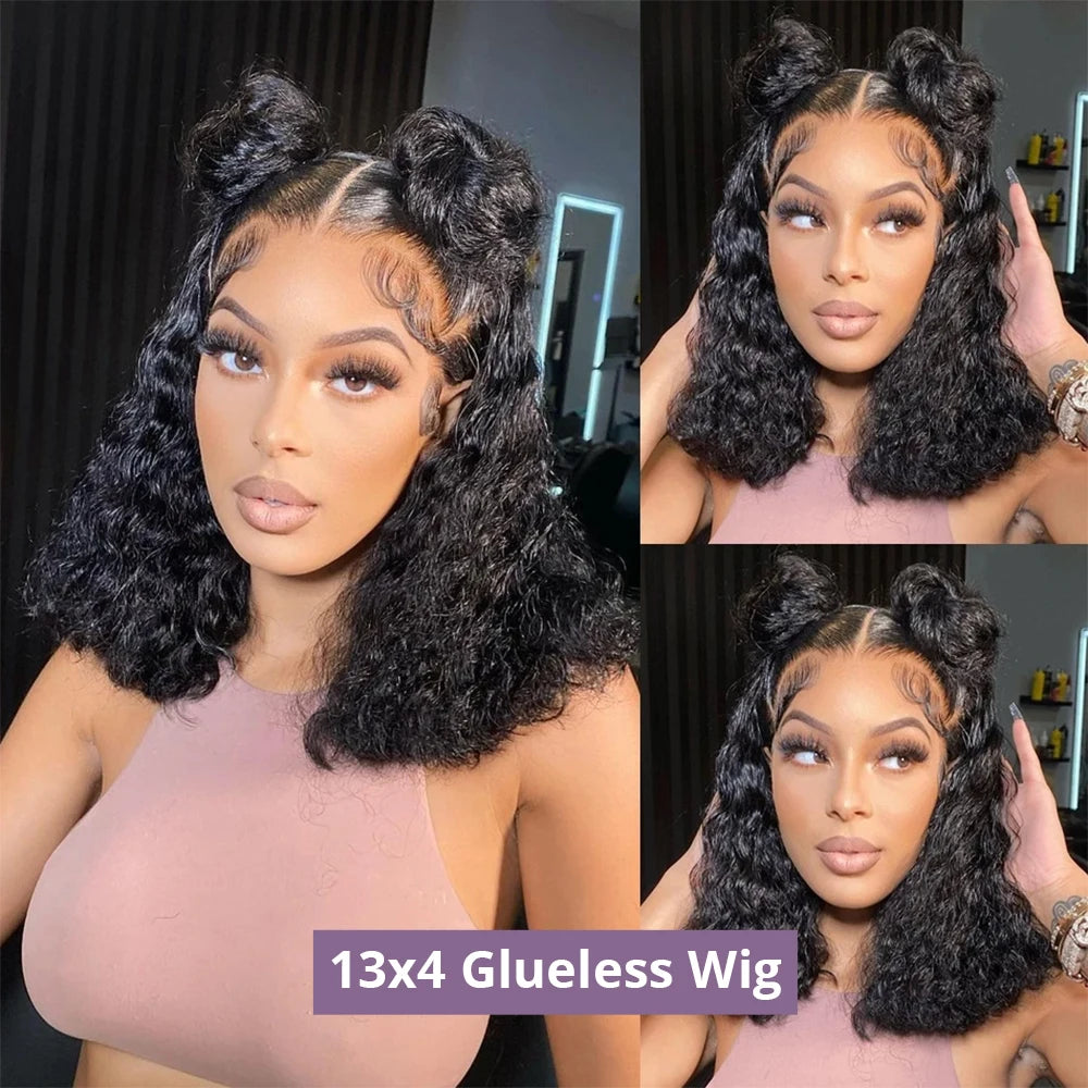Pre Cut Glueless Water Wave Bob Wig Human Hair 13x6 Lace Frontal