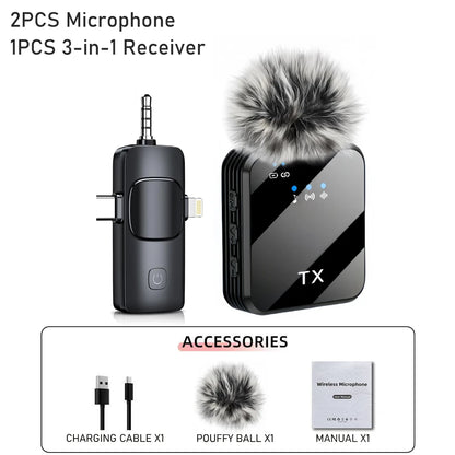 3 in 1 Wireless Lavalier Microphone Noise Reduction Mic for Video Recording