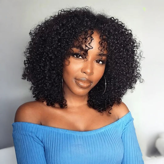 Curly Bob Human Hair Wig Afro Curly With Bangs Glueless Brazilian Hair