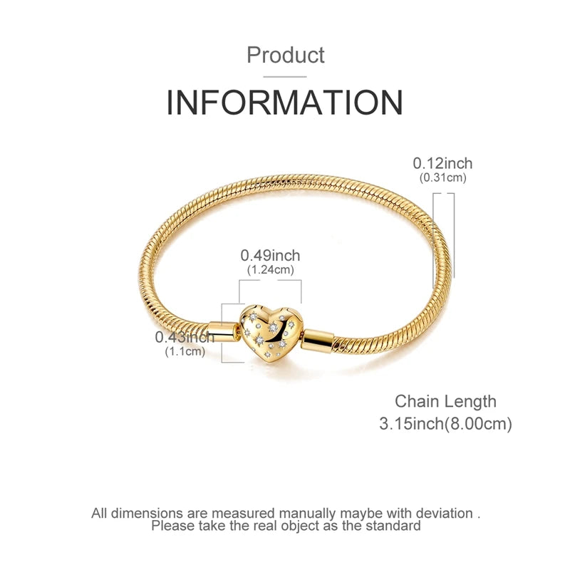 925 Sterling Silver Bracelets 17-20CM Original Golden Sparkling Heart Shaped Bracelet Fit DIY Charms Beads Fashion Women Jewelry