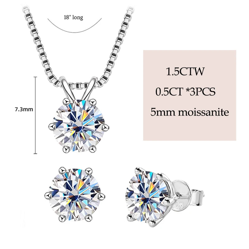 IOGOU Real 925 Silver Moissanite Jewelry Set Gold Plated 0.5-2ct Stud Earrings Solitaire Pendant Necklace Set for Women Men Gift