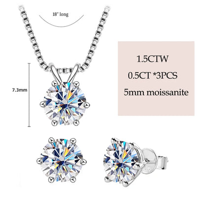 IOGOU Real 925 Silver Moissanite Jewelry Set Gold Plated 0.5-2ct Stud Earrings Solitaire Pendant Necklace Set for Women Men Gift