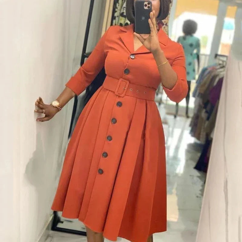 Elegant Women Office Dress Long Sleeve Button Down Belted Midi