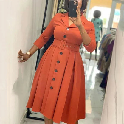 Elegant Women Office Dress Long Sleeve Button Down Belted Midi