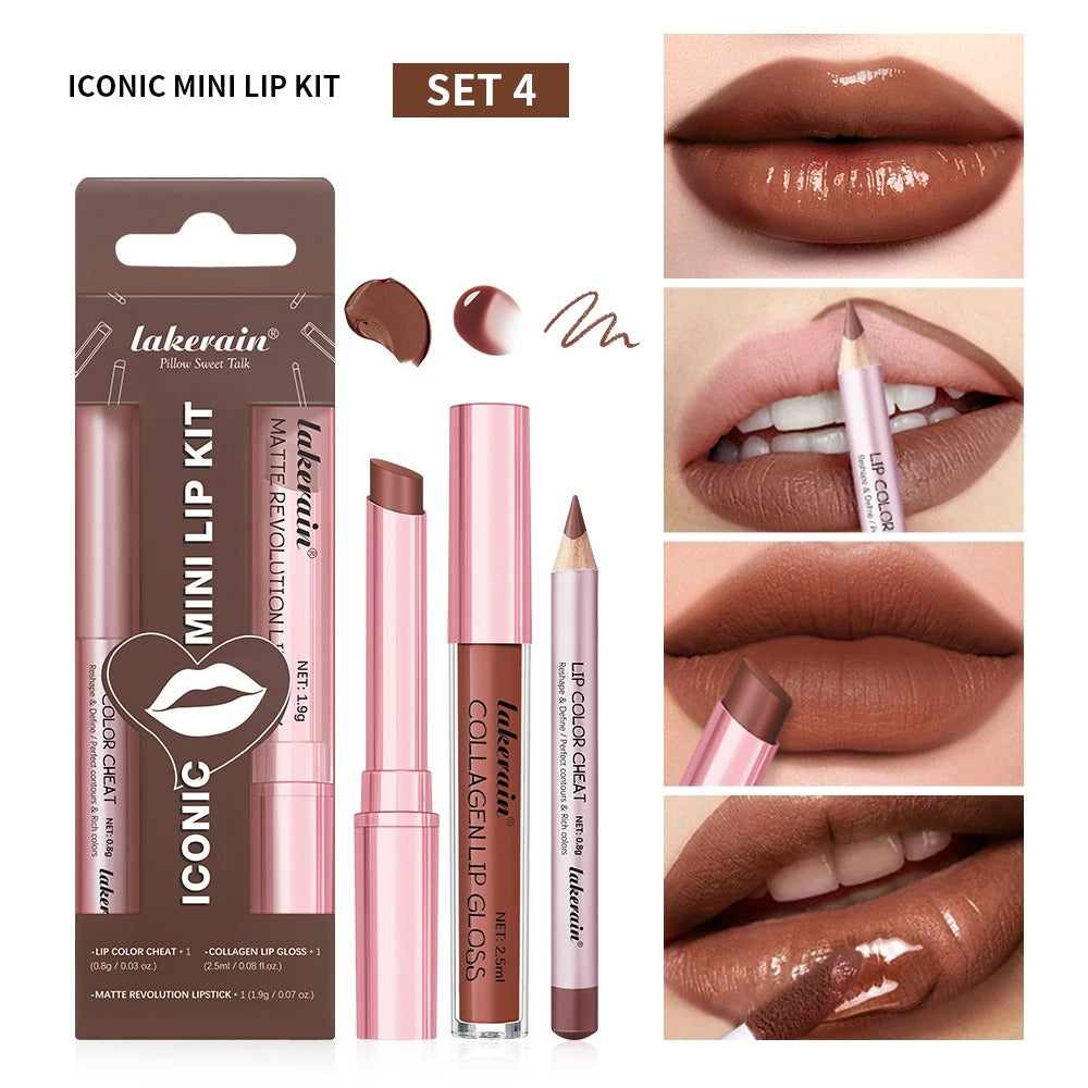 3PCS Lip Liner Lipstick Gloss Set Waterproof Long Lasting Matte Mini Kit