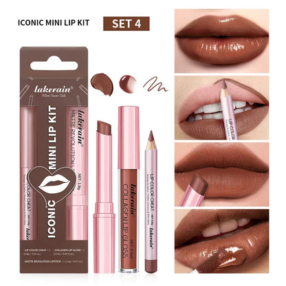 3PCS Lip Liner Lipstick Gloss Set Waterproof Long Lasting Matte Mini Kit
