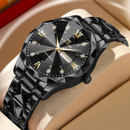 Men’s Luxury Quartz Watch Blue Gold Stainless Steel Night Glow Diamond Style