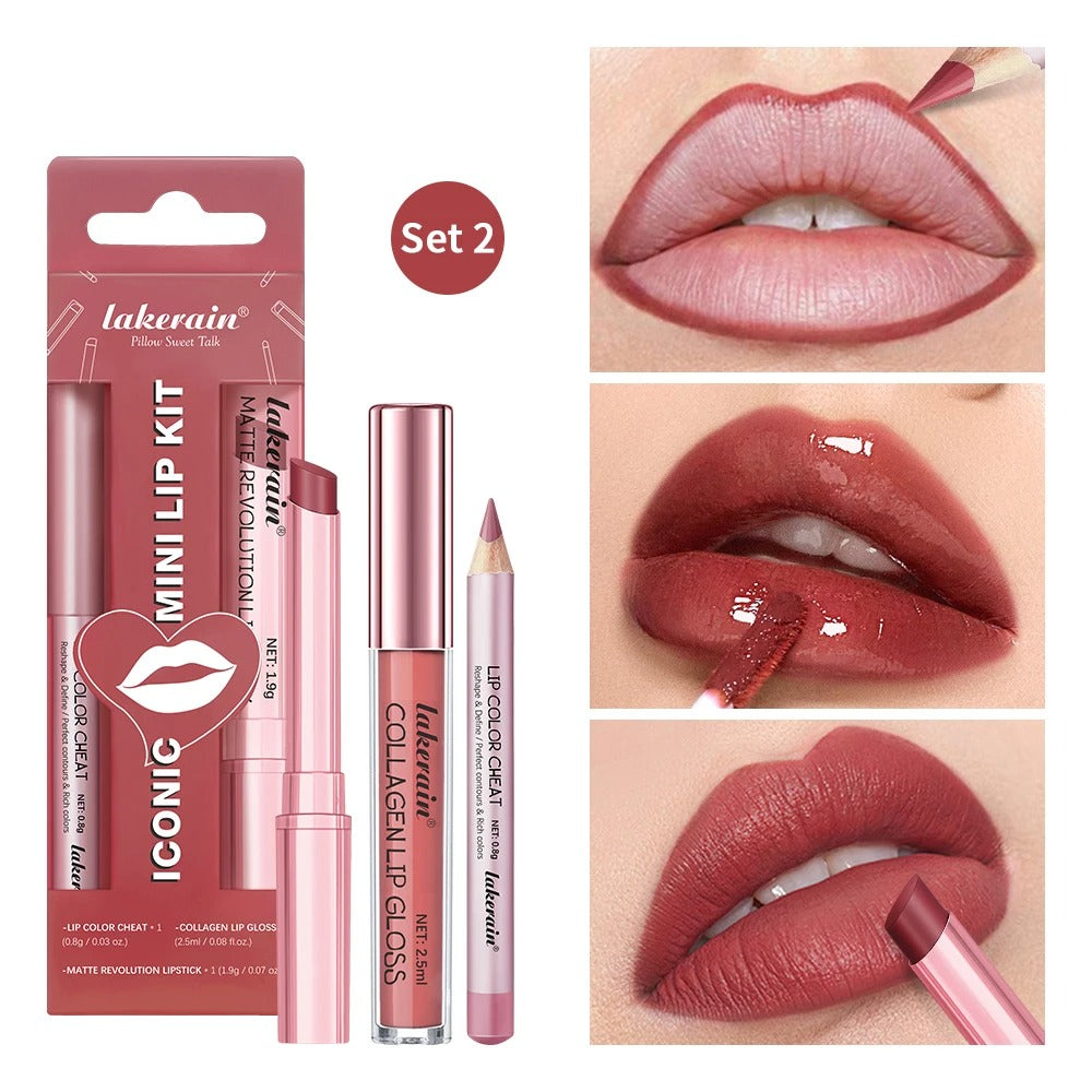 3PCS Lip Liner Lipstick Gloss Set Waterproof Long Lasting Matte Mini Kit