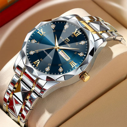 Men’s Luxury Quartz Watch Blue Gold Stainless Steel Night Glow Diamond Style