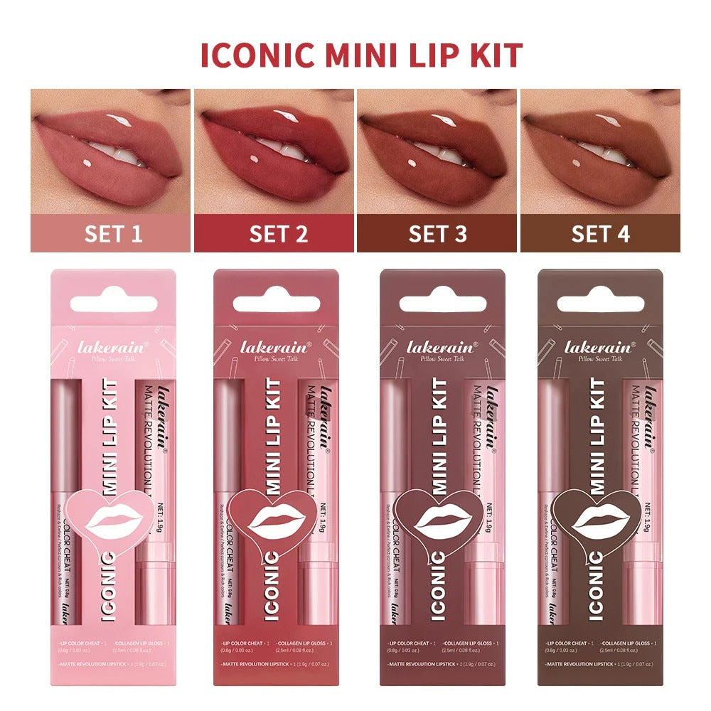 3PCS Lip Liner Lipstick Gloss Set Waterproof Long Lasting Matte Mini Kit