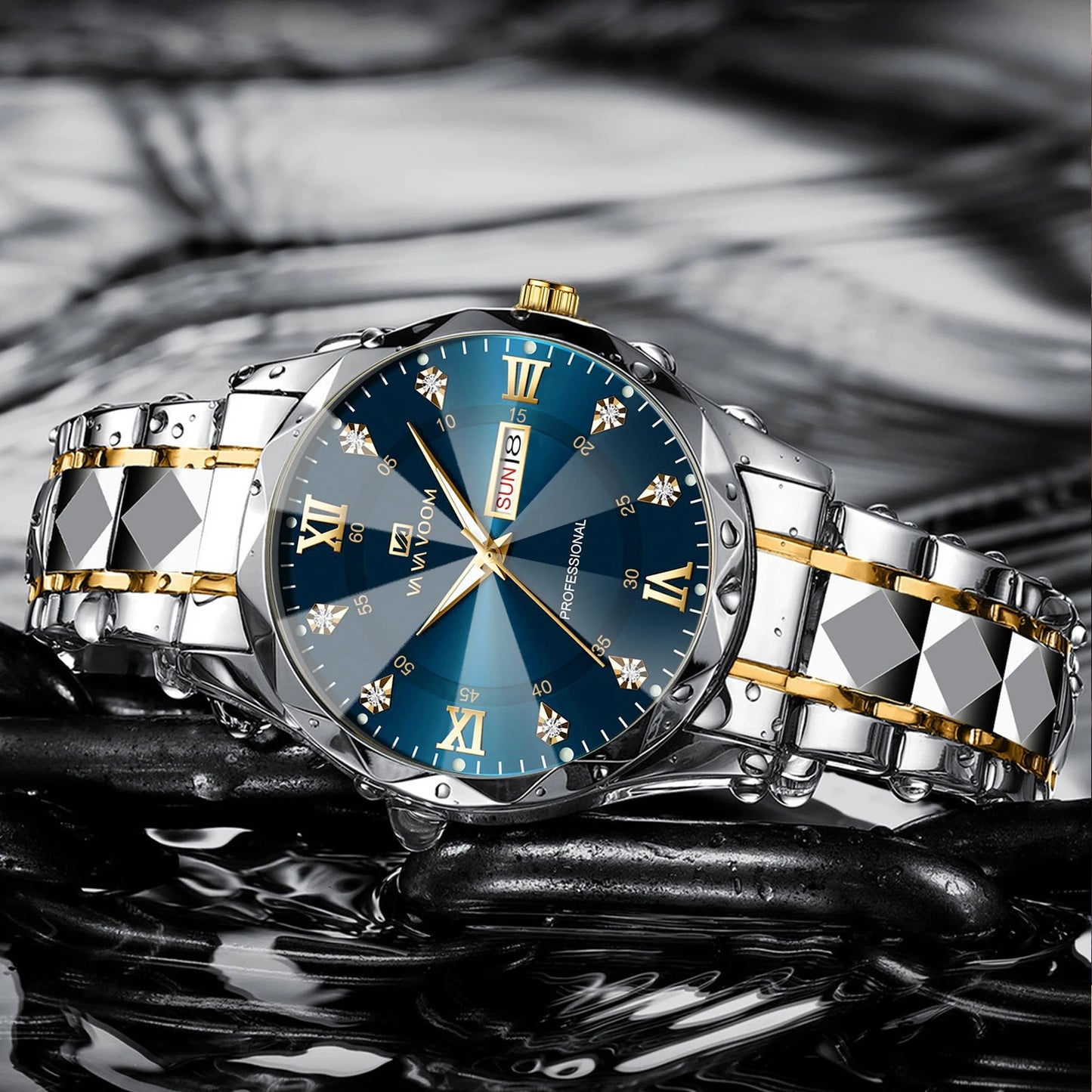 Men’s Luxury Quartz Watch Blue Gold Stainless Steel Night Glow Diamond Style