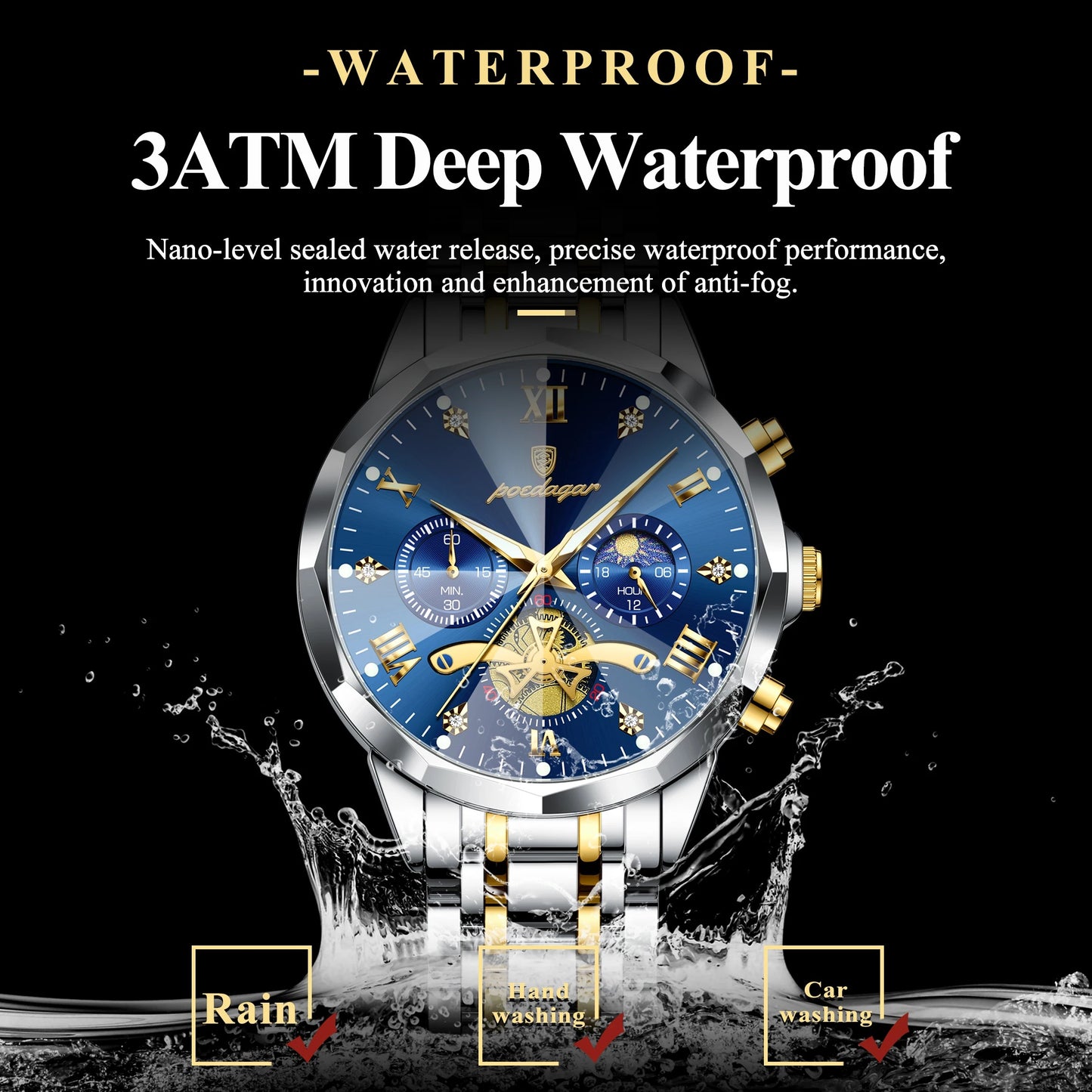 POEDAGAR Luxury Men’s Chronograph Watch Waterproof Stainless Steel Quartz