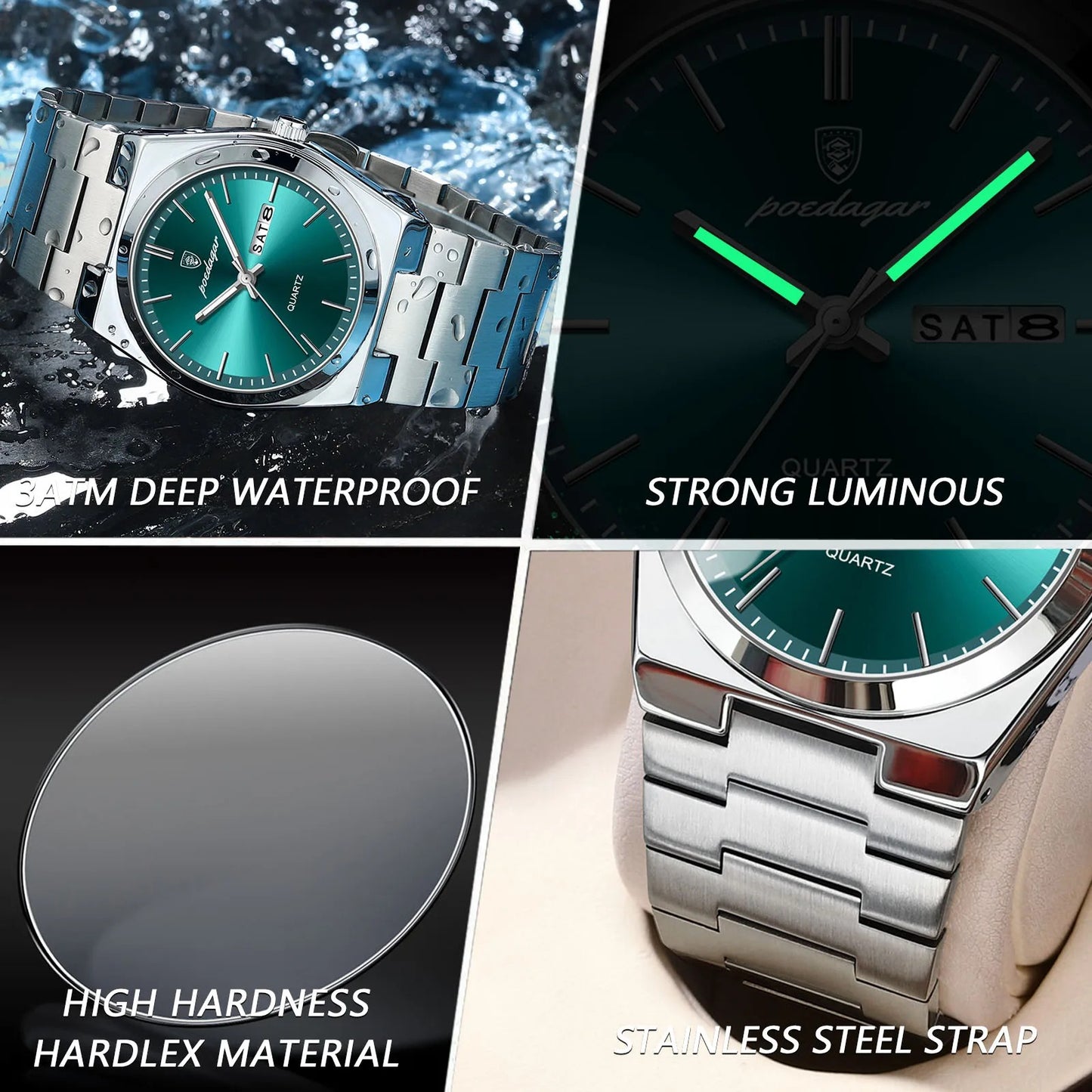 POEDAGAR Men’s Luxury Quartz Watch Stainless Steel Waterproof Luminous Date