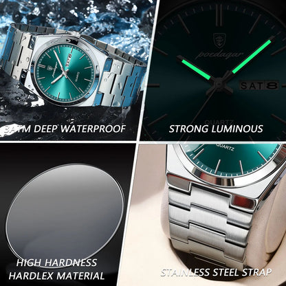POEDAGAR Men’s Luxury Quartz Watch Stainless Steel Waterproof Luminous Date