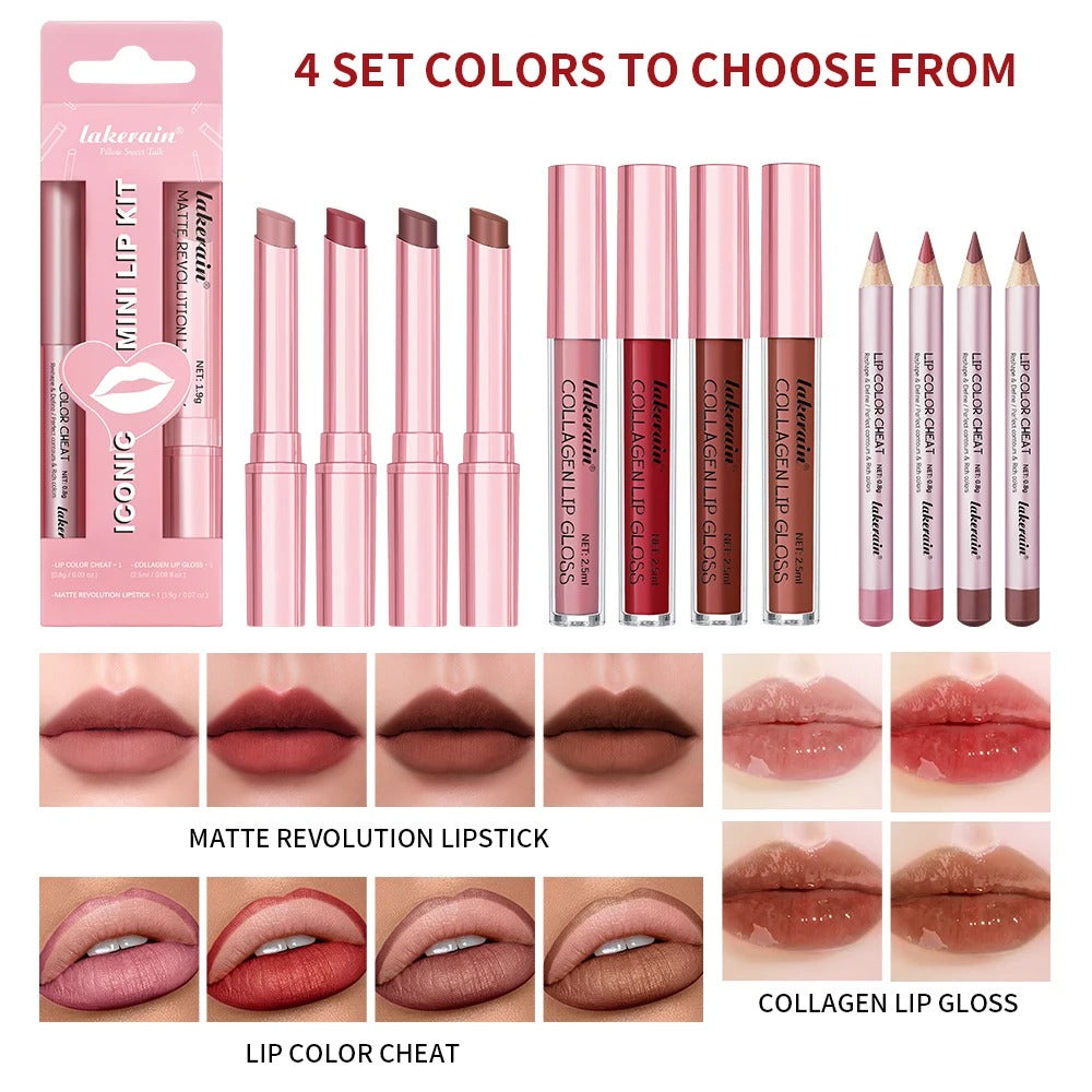 3PCS Lip Liner Lipstick Gloss Set Waterproof Long Lasting Matte Mini Kit