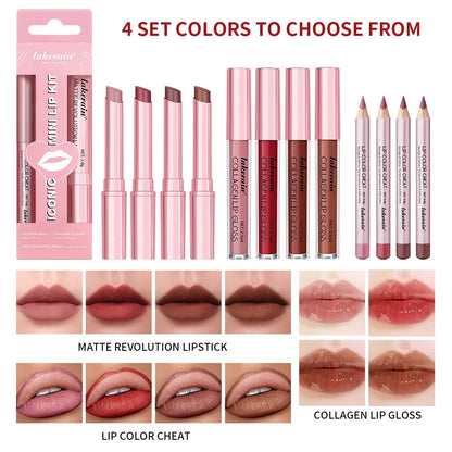 3PCS Lip Liner Lipstick Gloss Set Waterproof Long Lasting Matte Mini Kit
