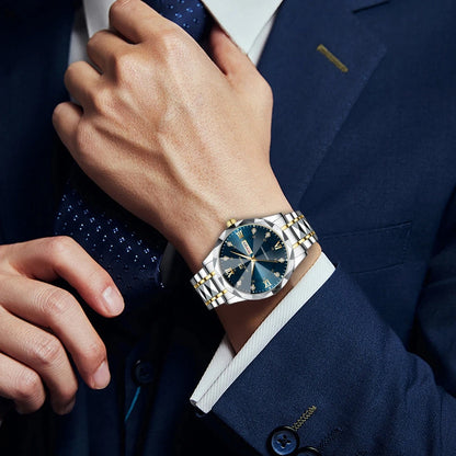 Men’s Luxury Quartz Watch Blue Gold Stainless Steel Night Glow Diamond Style