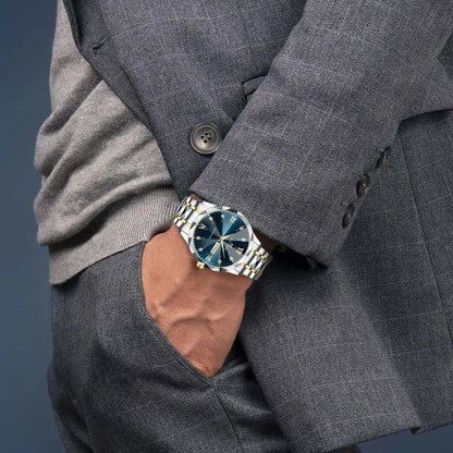 Men’s Luxury Quartz Watch Blue Gold Stainless Steel Night Glow Diamond Style