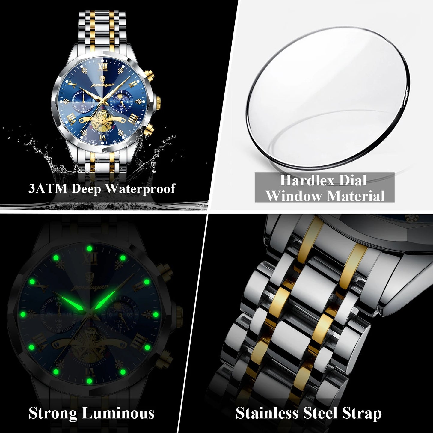 POEDAGAR Luxury Men’s Chronograph Watch Waterproof Stainless Steel Quartz