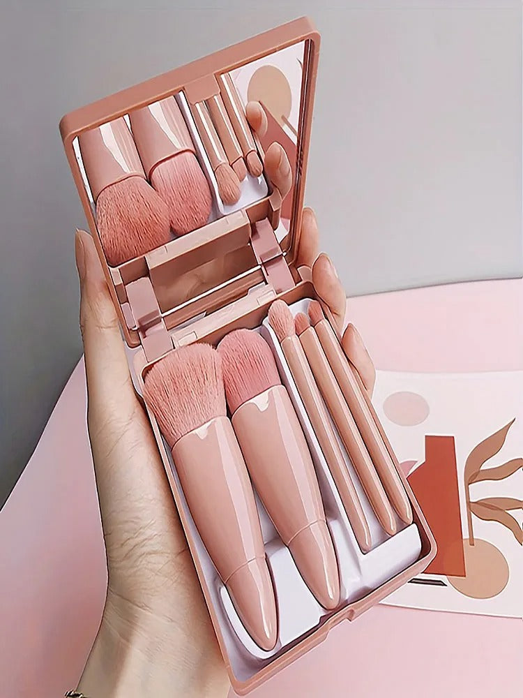 5Pcs Portable Makeup Brush Set with Mirror Foldable Travel Mini Kit
