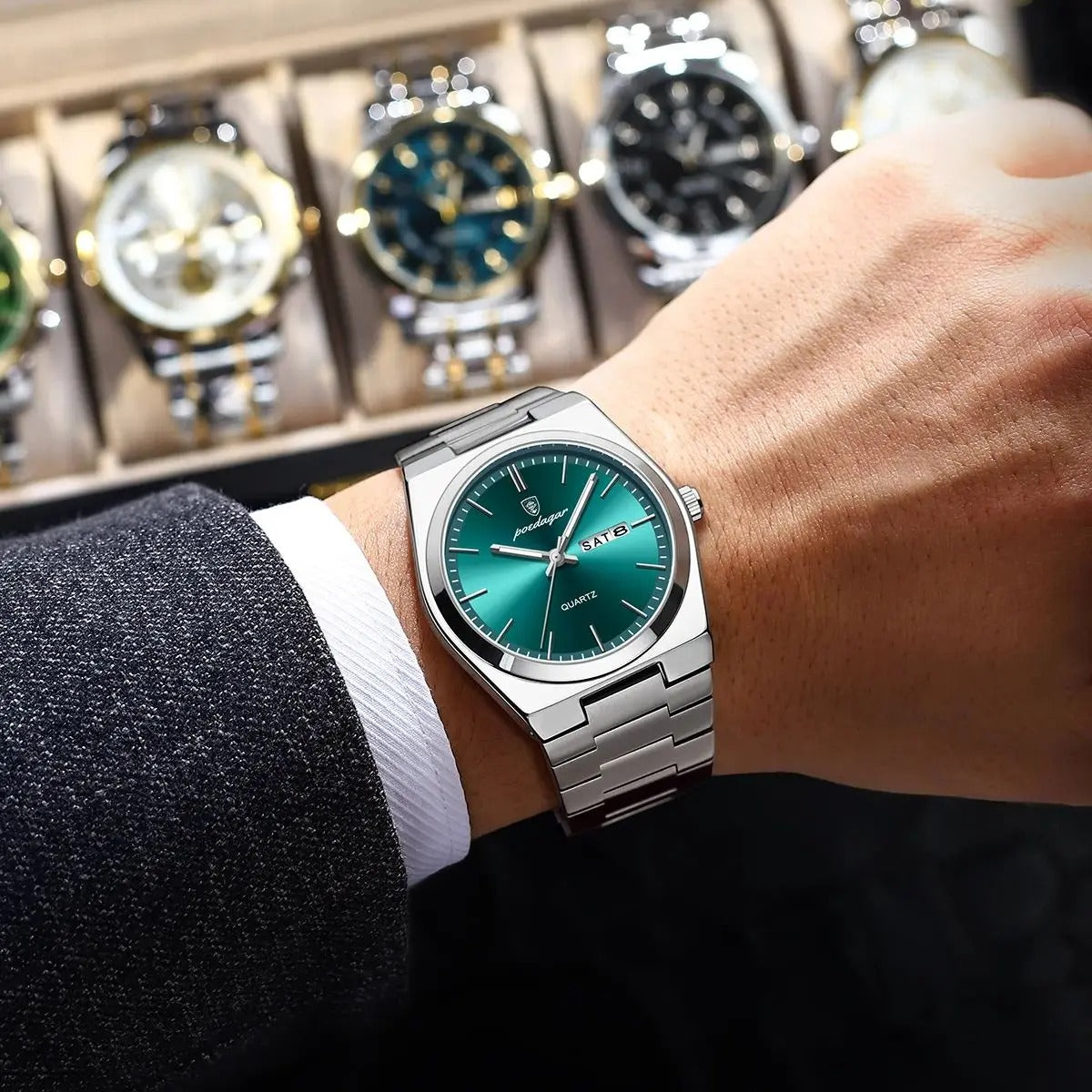 POEDAGAR Men’s Luxury Quartz Watch Stainless Steel Waterproof Luminous Date