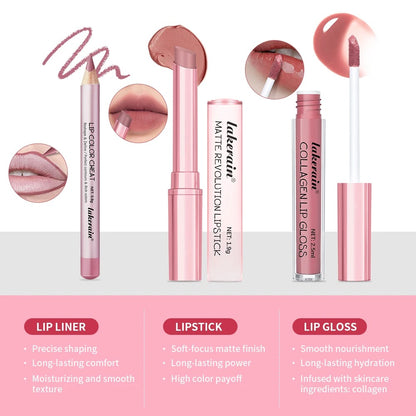 3PCS Lip Liner Lipstick Gloss Set Waterproof Long Lasting Matte Mini Kit