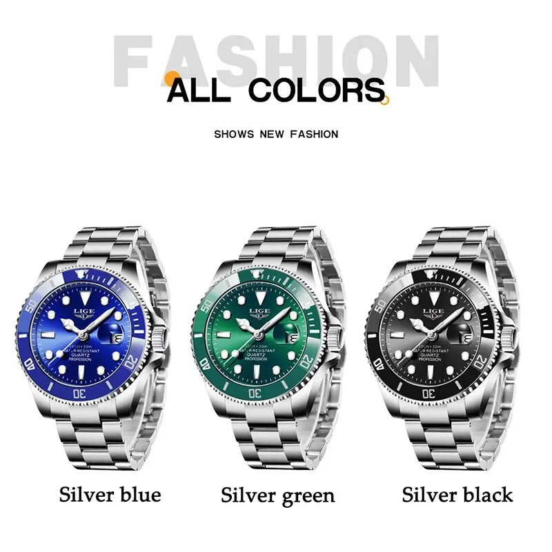 LIGE Men’s Luxury Diver Watch 30ATM Waterproof Quartz Sport Date Watch