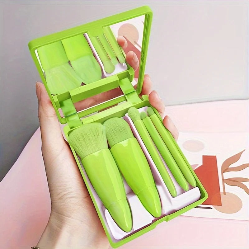 5Pcs Portable Makeup Brush Set with Mirror Foldable Travel Mini Kit