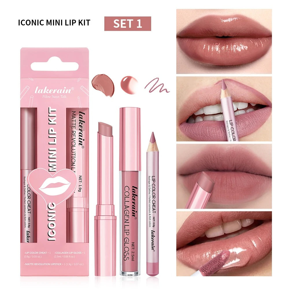 3PCS Lip Liner Lipstick Gloss Set Waterproof Long Lasting Matte Mini Kit