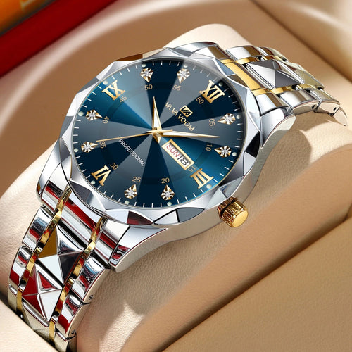 Men’s Luxury Quartz Watch Blue Gold Stainless Steel Night Glow Diamond Style
