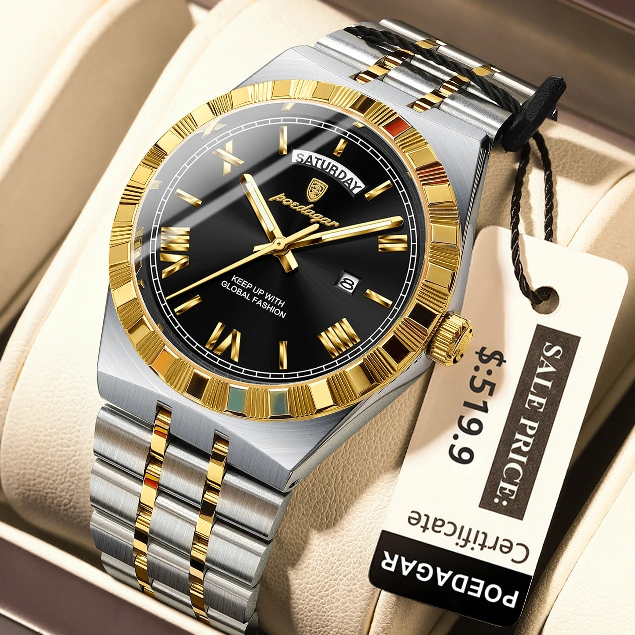 POEDAGAR Men’s Luxury Quartz Watch Stainless Steel Date Week Luminous Watch