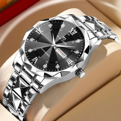 Men’s Luxury Quartz Watch Blue Gold Stainless Steel Night Glow Diamond Style