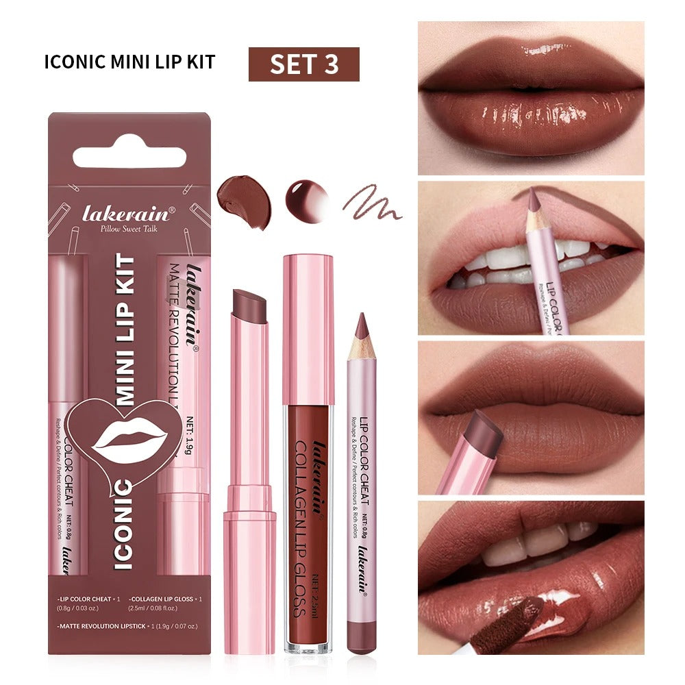3PCS Lip Liner Lipstick Gloss Set Waterproof Long Lasting Matte Mini Kit