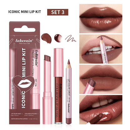 3PCS Lip Liner Lipstick Gloss Set Waterproof Long Lasting Matte Mini Kit