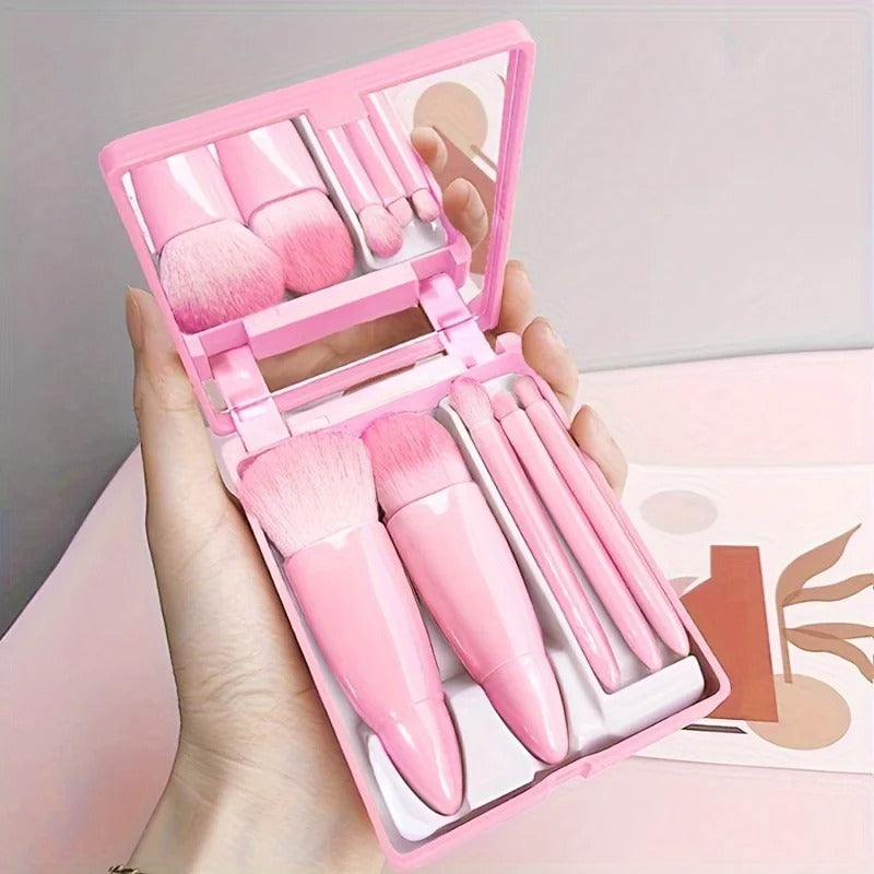 5Pcs Portable Makeup Brush Set with Mirror Foldable Travel Mini Kit