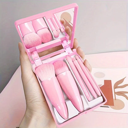 5Pcs Portable Makeup Brush Set with Mirror Foldable Travel Mini Kit