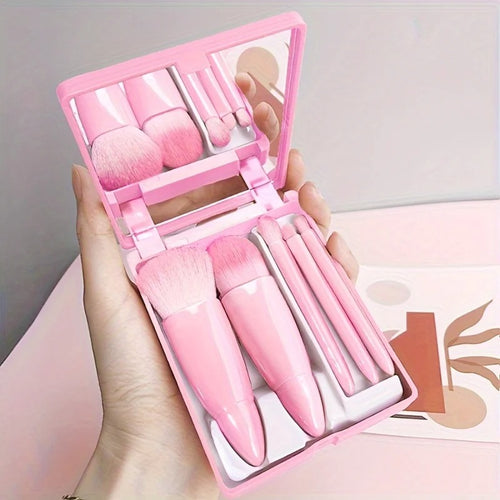 5Pcs Portable Makeup Brush Set with Mirror Foldable Travel Mini Kit