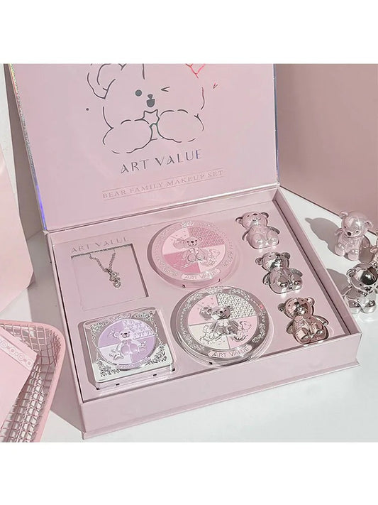 Makeup Set 3 Lip Mud Pressed Powder Blush Eyeshadow Palette Necklace