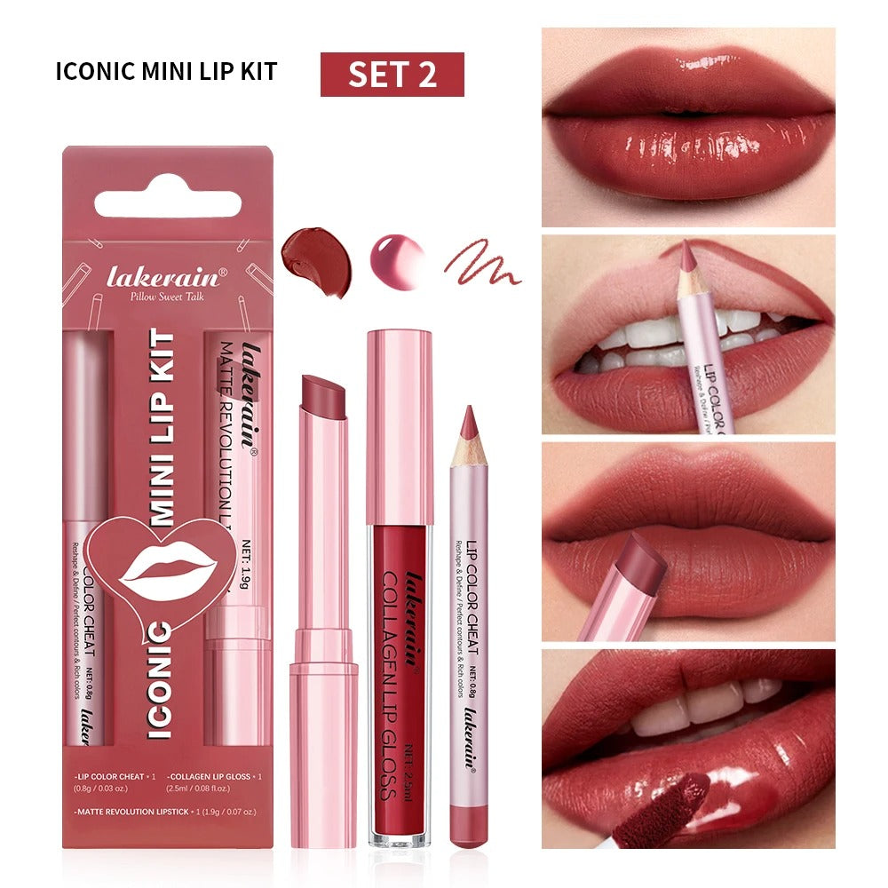 3PCS Lip Liner Lipstick Gloss Set Waterproof Long Lasting Matte Mini Kit