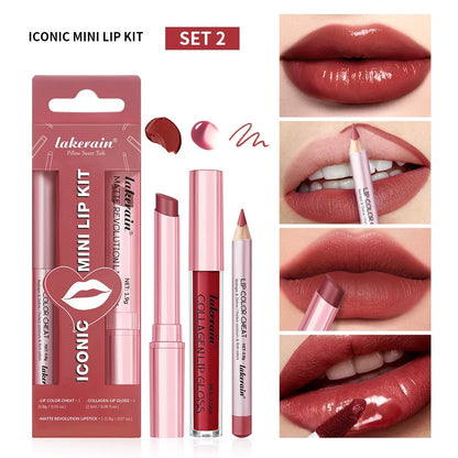 3PCS Lip Liner Lipstick Gloss Set Waterproof Long Lasting Matte Mini Kit